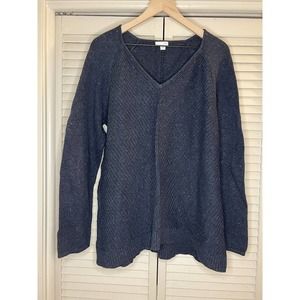 J. Jill V-Neck Ribbed Knit Sweater Cotton Linen Rayon Nylon Blue Large